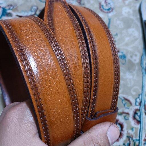 کمربند چرم طبیعی بوفالو ضمانت کیفیت ضخیم چرم سناباد دو خط تکیبی عسلی
